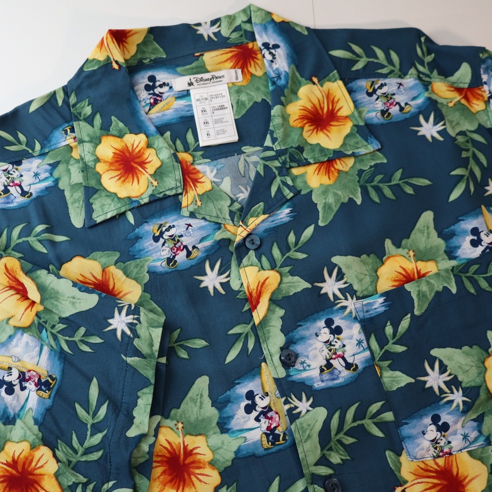 Disney Parks Mickey Mouse Tropical Hibiscus Aloha Shirt XL Teal Blue Rayon